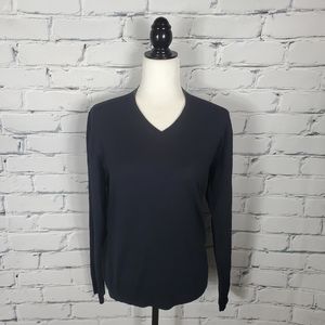 The Kooples Navy Merino Wool Sweater with Black Leather Trim Collar
